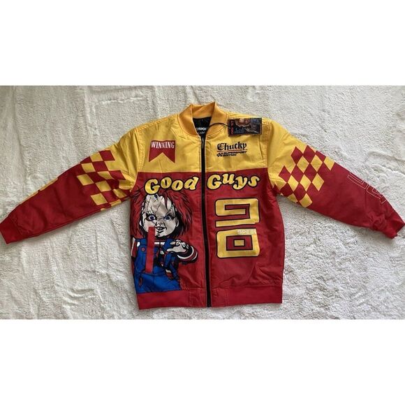 Reason X Chucky Good Guys Varsity Bomber Racing Red Jacket Men’s Sz L NEW - Picture 2 of 15